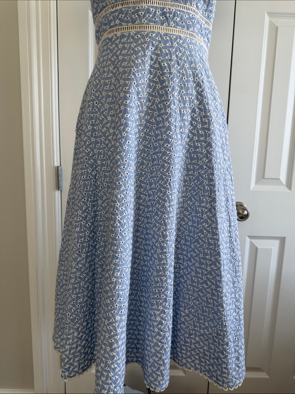 Champagne and Strawberry Fit &Flare Eyelet Ruffle Light Blue Midi Dress Size M - Picture 7 of 13